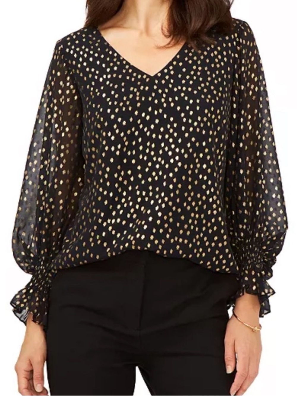 1. State | Printed Smocked-Cuff Top Blouse - Small
